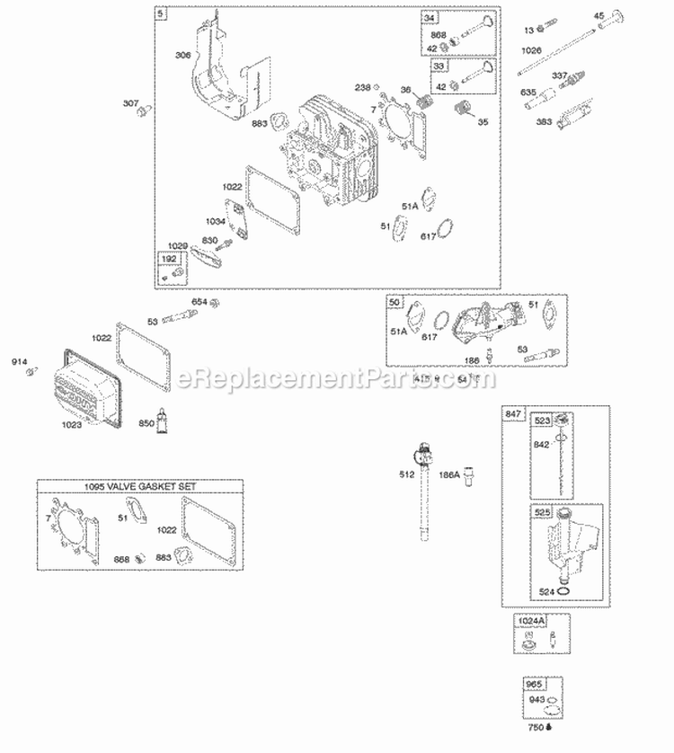 Cylinder Head Gasket Set-Valve Intake Manifold Lubrication Valves Diagram and Parts List for 33M677-1398-B1  Briggs and Stratton Engine